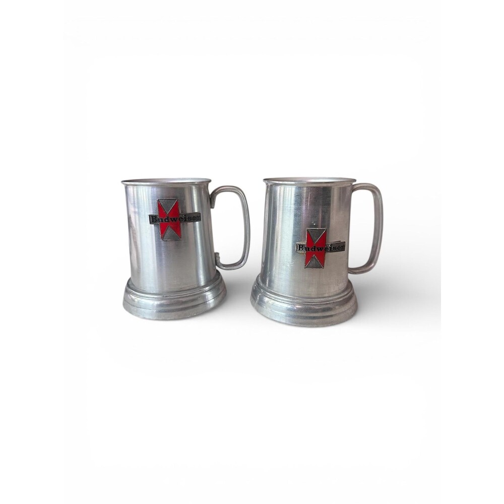 Vintage Budweiser Pewter-Tone Beer Tankards | Classic Red Bowtie Logo Barware